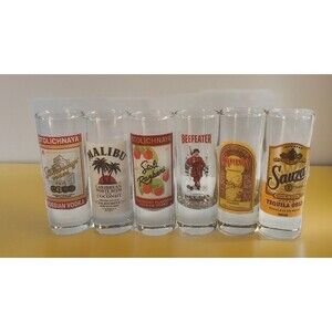 6 Shot Glasses Beefeater,Stoli, Kahula,Malibu,Stoli , Sauza 4” doubles !